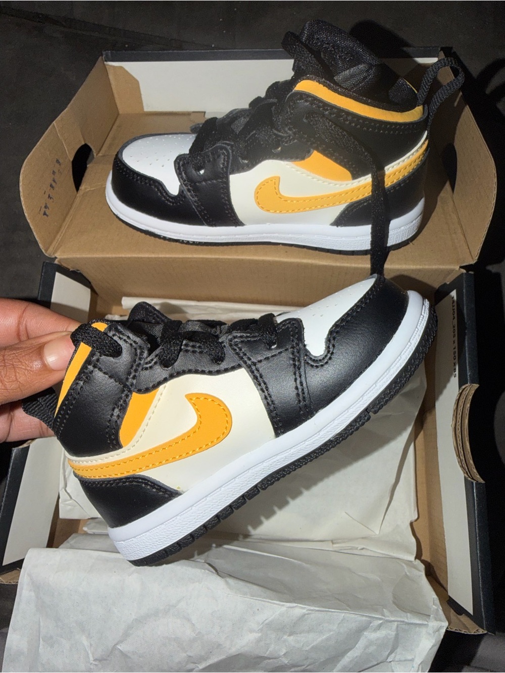 Kids High-Top Jordans in Black, White & Yellow
